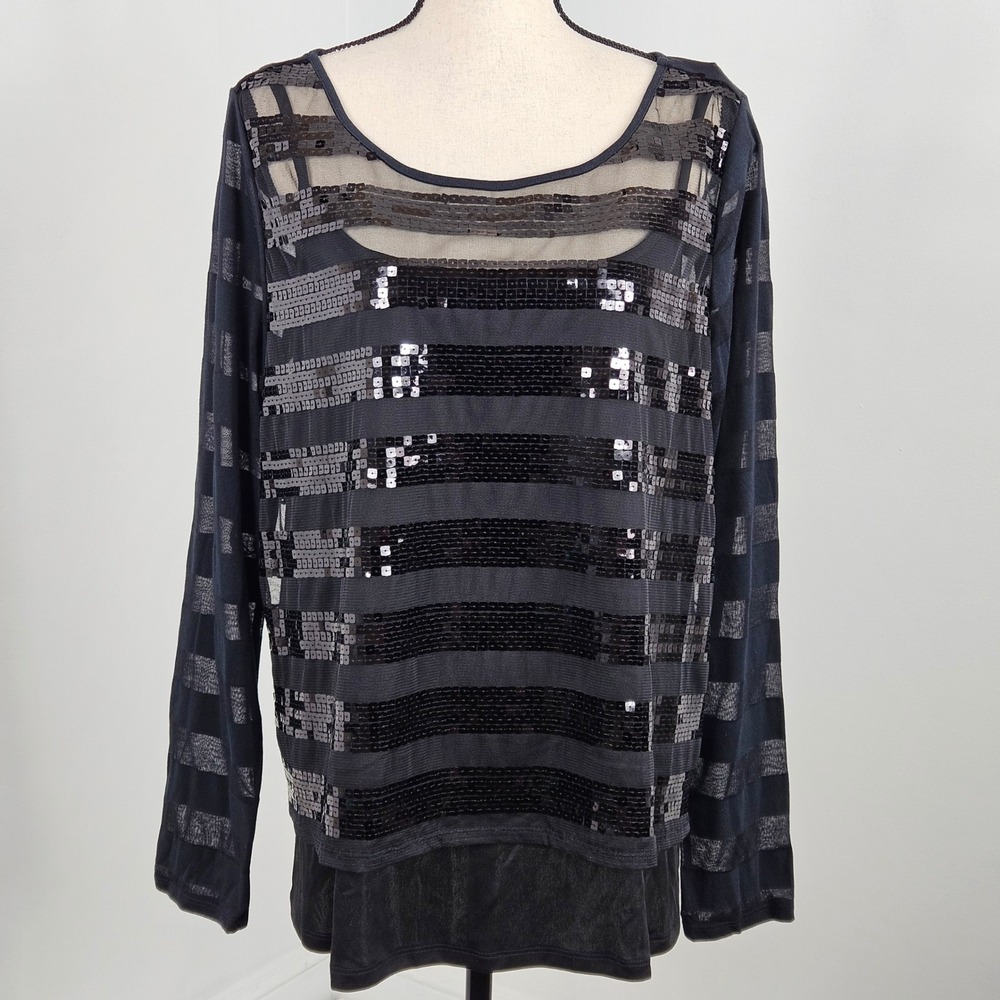 Lane Bryant Sequin Striped Top 18/20 Black NEW Layered Long Sleeve With Tank